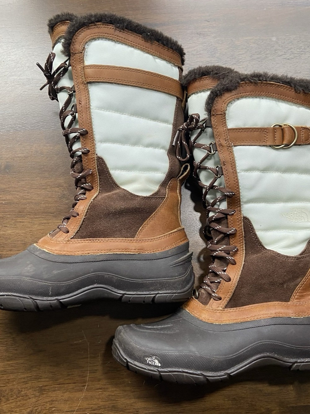 The North Face Snow Boots Womens 7.5 Brown Blue Waterproof PrimaLoft Tall Winter